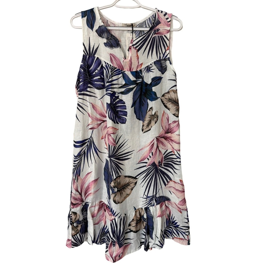 Lungo L'Arno Womens Linen Tropical Floral Shift Dress Made in‎ Italy Blue Pink M